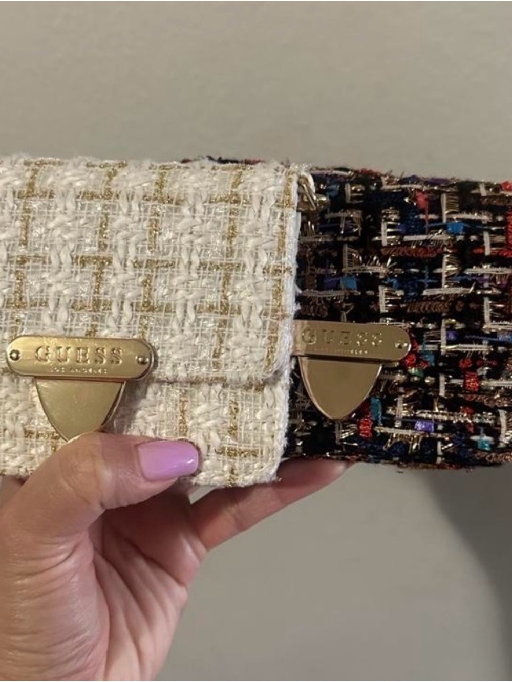 GUESS Tweed Envelope Clutch Duo in Cream and Multicolor Tweed